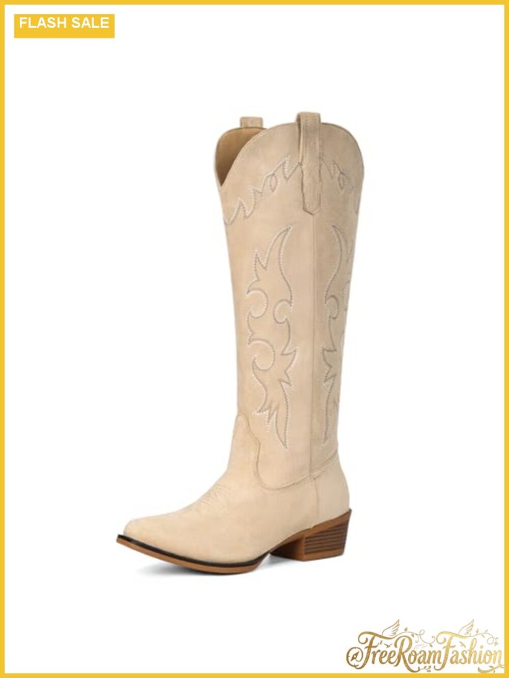 Suede Knee High Western Cowboy Boots Floral Embroidered Slip On